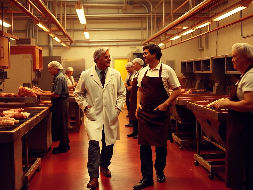 A manager walking the factory floor, chatting with workers in a 1970s meat processing plant